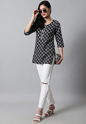 Digital Printed Pure Cotton Short Kurti in Black