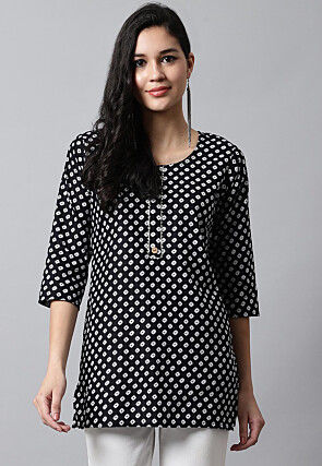 Digital Printed Pure Cotton Short Kurti in Black