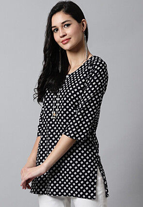 Digital Printed Pure Cotton Short Kurti in Black