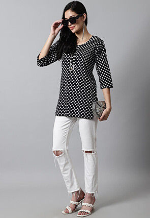 Digital Printed Pure Cotton Short Kurti in Black