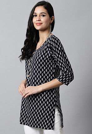 Digital Printed Pure Cotton Short Kurti in Black