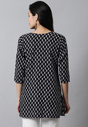 Digital Printed Pure Cotton Short Kurti in Black