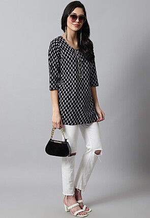 Digital Printed Pure Cotton Short Kurti in Black