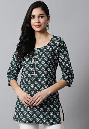 Digital Printed Pure Cotton Short Kurti in Dark Green