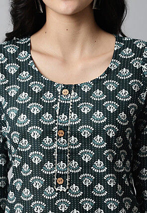 Digital Printed Pure Cotton Short Kurti in Dark Green