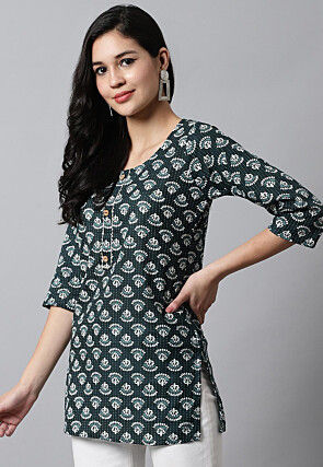 Digital Printed Pure Cotton Short Kurti in Dark Green