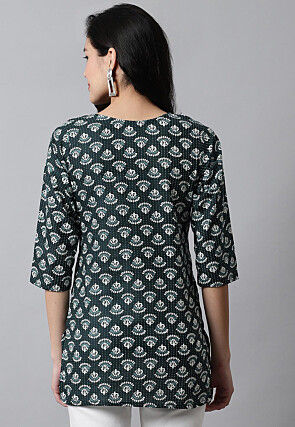 Digital Printed Pure Cotton Short Kurti in Dark Green