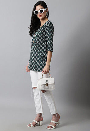 Digital Printed Pure Cotton Short Kurti in Dark Green