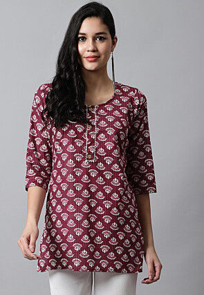 Digital Printed Pure Cotton Short Kurti in Maroon