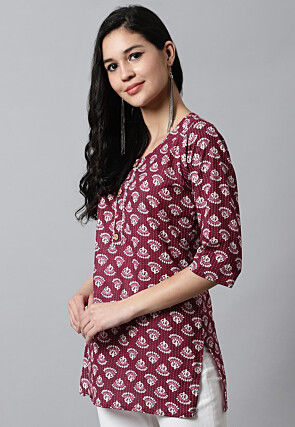 Digital Printed Pure Cotton Short Kurti in Maroon