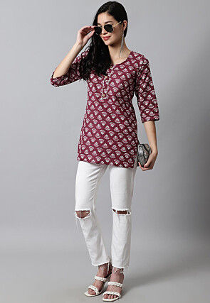 Digital Printed Pure Cotton Short Kurti in Maroon