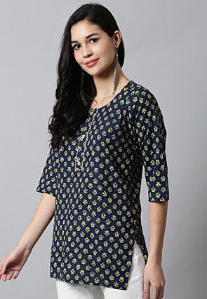 Digital Printed Pure Cotton Short Kurti in Navy Blue