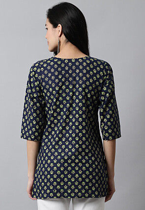 Digital Printed Pure Cotton Short Kurti in Navy Blue
