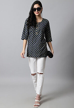 Digital Printed Pure Cotton Short Kurti in Navy Blue