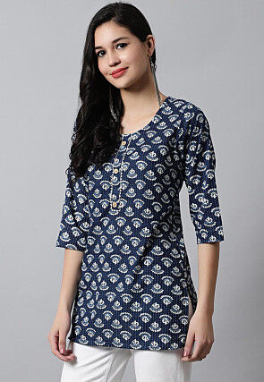 Digital Printed Pure Cotton Short Kurti in Navy Blue