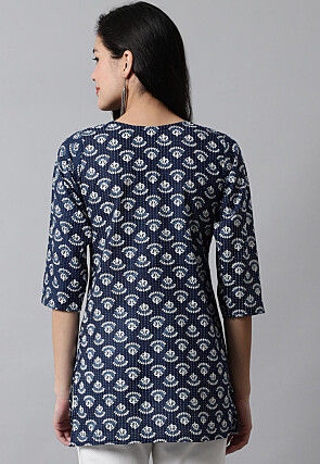 Digital Printed Pure Cotton Short Kurti in Navy Blue