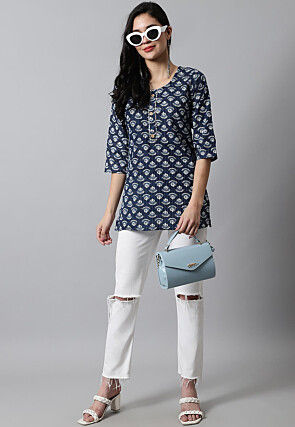 Digital Printed Pure Cotton Short Kurti in Navy Blue