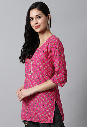 Digital Printed Pure Cotton Short Kurti in Pink