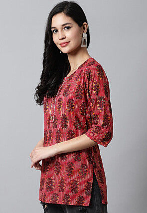 Digital Printed Pure Cotton Short Kurti in Red