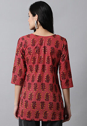 Digital Printed Pure Cotton Short Kurti in Red