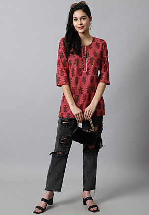 Digital Printed Pure Cotton Short Kurti in Red