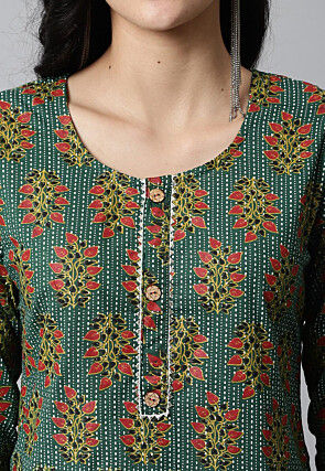 Digital Printed Pure Cotton Short Kurti in Teal Green