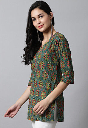 Digital Printed Pure Cotton Short Kurti in Teal Green