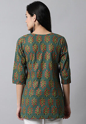 Digital Printed Pure Cotton Short Kurti in Teal Green