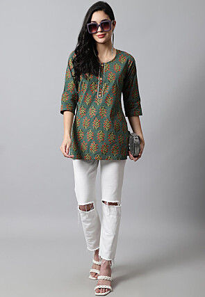 Digital Printed Pure Cotton Short Kurti in Teal Green