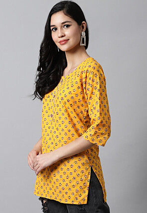 Digital Printed Pure Cotton Short Kurti in Yellow