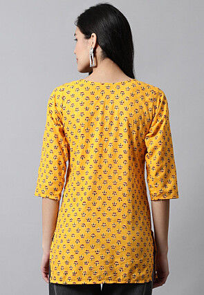 Digital Printed Pure Cotton Short Kurti in Yellow
