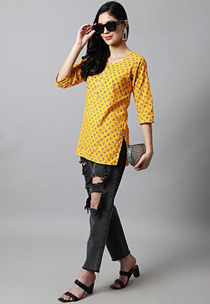 Digital Printed Pure Cotton Short Kurti in Yellow