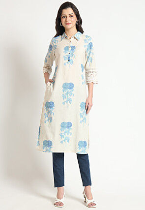 Digital Printed Pure Cotton Straight Kurta in Light Beige