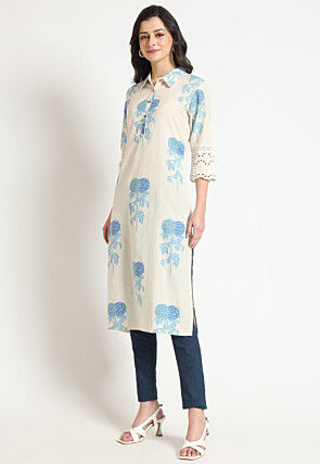 Digital Printed Pure Cotton Straight Kurta in Light Beige