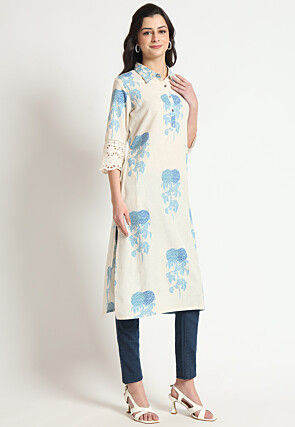 Digital Printed Pure Cotton Straight Kurta in Light Beige