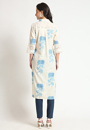 Digital Printed Pure Cotton Straight Kurta in Light Beige