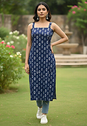 white christmas dresses Blue Cotton Tiered Indo Western Style Gown Dress main image 1