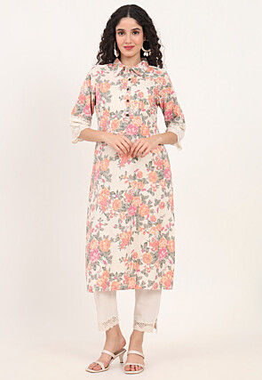 Digital Printed Pure Cotton Straight Kurta in Off White