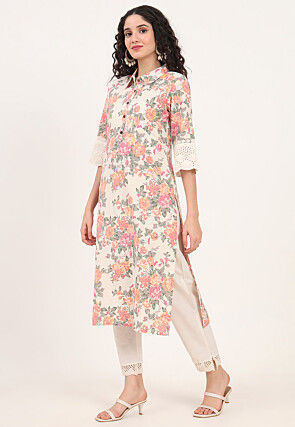 Digital Printed Pure Cotton Straight Kurta in Off White