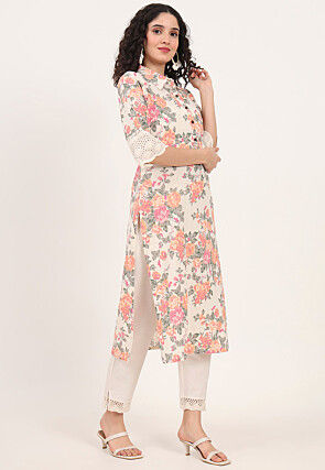 Digital Printed Pure Cotton Straight Kurta in Off White
