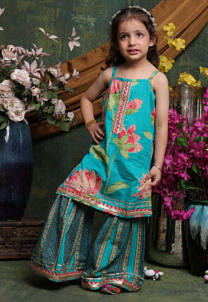 Digital Printed Pure Cotton Straight Kurta Set in Teal Blue