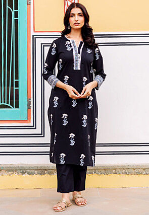 Digital Printed Pure Cotton Straight Kurta Set in Black
