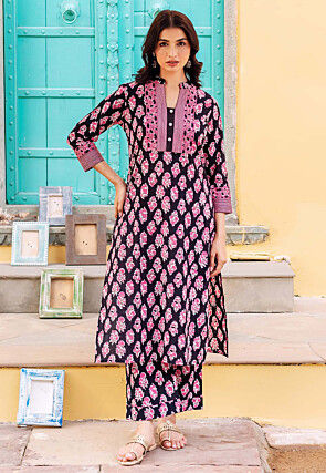 Digital Printed Pure Cotton Straight Kurta Set in Black