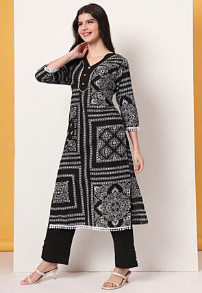 Digital Printed Pure Cotton Straight Kurta Set in Black