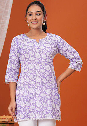 Digital Printed Pure Cotton Straight Kurti in Light Purple