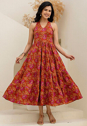 Digital Printed Pure Cotton Tiered Dress in Rust