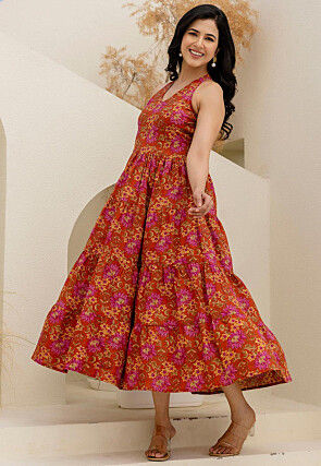 Digital Printed Pure Cotton Tiered Dress in Rust