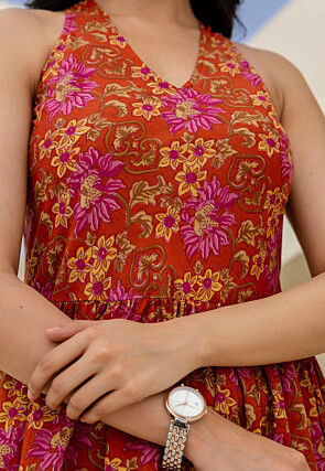 Digital Printed Pure Cotton Tiered Dress in Rust