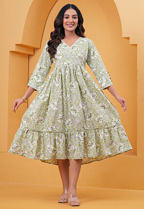 Digital Printed Pure Cotton Tiered Midi Dress in Dusty Green