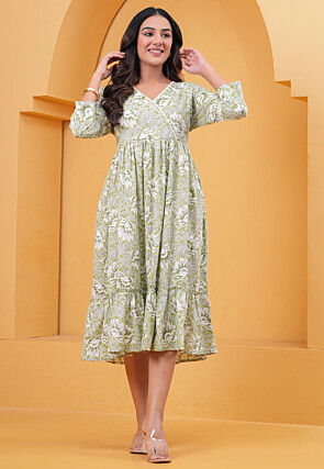 Digital Printed Pure Cotton Tiered Midi Dress in Dusty Green